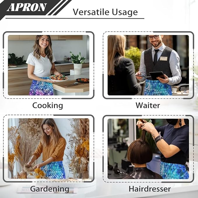 Server Apron with 3 Pockets, Waterproof Oil Waitress Waiter Half Apron for Restaurant Hotel Kitchen Cafe