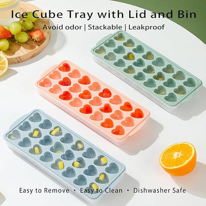 Heart-Shaped Ice Cube Trays With Lid and Bin- 24 Holes Silicone Fun Ice Cube Tray, BPA Free and Dishwasher Safe, Mini Cute Shape Ice Cube Mold, Easy to Remove With Lid (Pink)