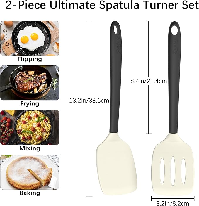 Coukre 2 Pack Silicone Spatula Set, High Heat Resistant, BPA Free Kitchen Spatula, Solid & Slotted Turner for Non-Stick Pans, Sautéing, and Flipping (2, BeigeBlack) - Image 2