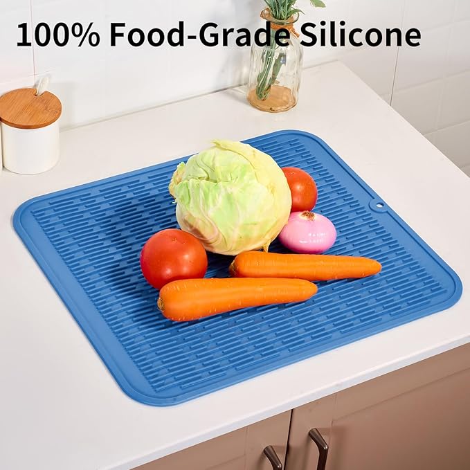 ZLR Large Silicone Dish Drying Mat (16" x 18") - XL Heavy Duty Drainboard Mat for Pots, Pans & Family Loads - Heat Resistant Trivet & Counter Protector, Easy Clean (Lichen Blue) - Image 9