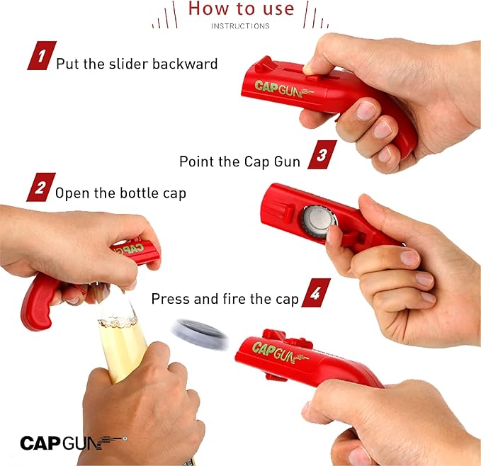 cap gun bottle opener launcher shooter funny shooting gun creative beverage bottle opener, suitable for party games, family gatherings, outdoor barbecues (4PC four-color)
