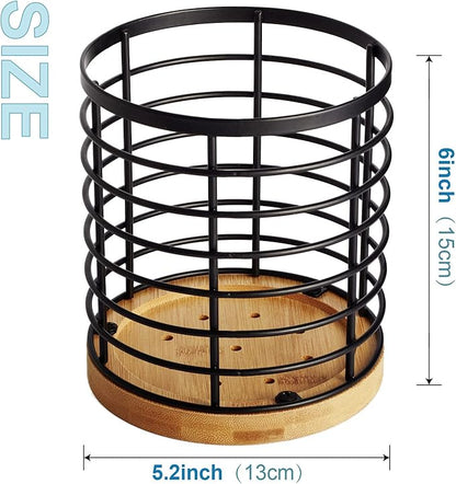 WDT Tool Utensil holder for Kitchen Counter - 5.2" x 5.2" x 6" Large Round with Wooden Base Matte Black Cooking Utensil Holder Utensil Organizer (Metal+Bamboo) - Image 5