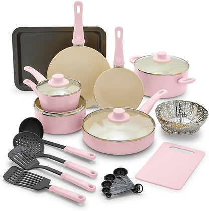 GreenLife Soft Grip Healthy Ceramic Nonstick 18 Piece Kitchen Cookware Pots and Frying Sauce Saute Pans Set, PFAS-Free with Kitchen Utensils and Lid, Dishwasher Safe, Soft Pink