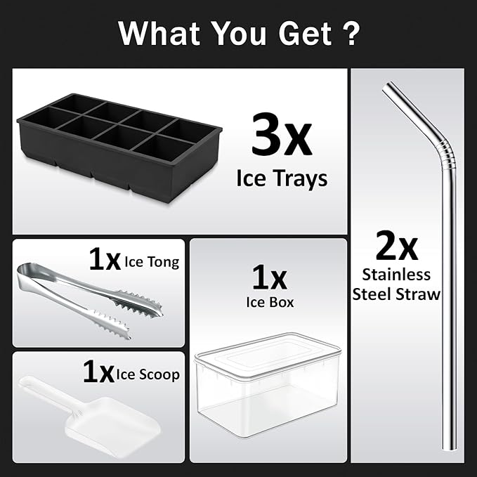 Large Silicone Ice Cube Tray - 3 Pack Trays for 8 Square Cubes with Large Bin, Scoop, Tong & 2 SS Straws - Easy Release Ice Mold for Whiskey, Cocktails, Coffee (Black) - Image 8