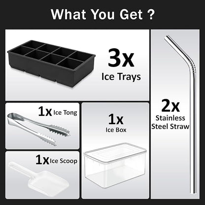 Large Silicone Ice Cube Tray - 3 Pack Trays for 8 Square Cubes with Large Bin, Scoop, Tong & 2 SS Straws - Easy Release Ice Mold for Whiskey, Cocktails, Coffee (Black) - Image 8