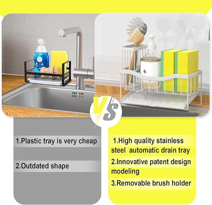 Fssvcd Maifan Sink Caddy Sponge Holder for Kitchen with Brush Holder and Stainless Steel Self Drain Tray, Rustproof Kitchen Sink Organizer for Sponge, Soap Dispenser Storage Accessories - Image 4