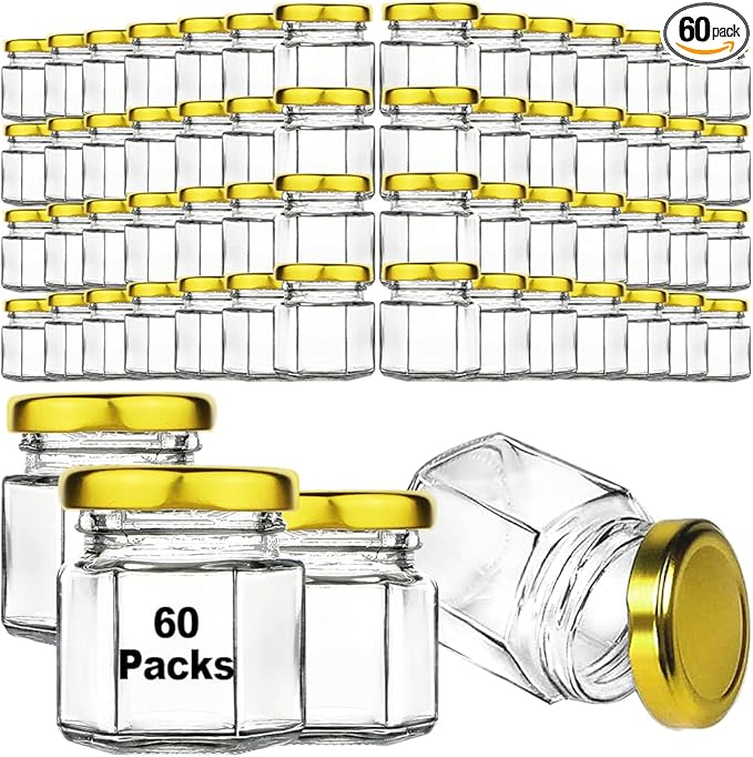 Syntic 60 Pcs Small Glass Containers with Airtight Lids, 1.5 oz Mini Honey Jars for Wedding Favor, Baby Shower, Small Hexagon Candle Jars for Making Candles, Body Butter, Jam, Spices, Herbs, DIY Gift by Syntic