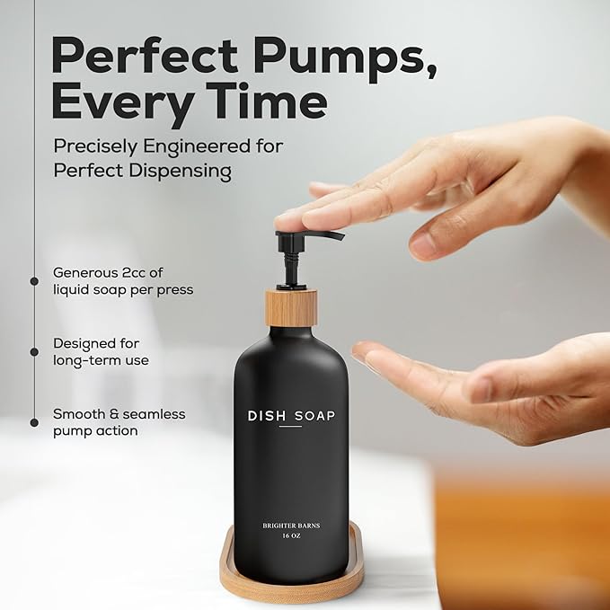 Black Glass Dish Soap Dispenser for Kitchen Sink by Brighter Barns - Modern Kitchen Soap Dispenser Set with Tray - Bamboo Bottle with Pump - Boho Home Decor, Modern Home Decor for Airbnb, Gift (Black) - Image 4
