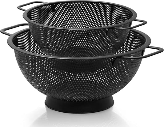 2PCS Black Colander for Kitchen, 3QT and 5QT, Stainless Steel Pasta Strainer with Handle, Pasta Strainer for Fruits Vegetables Cooking Food, Dishwasher Safe