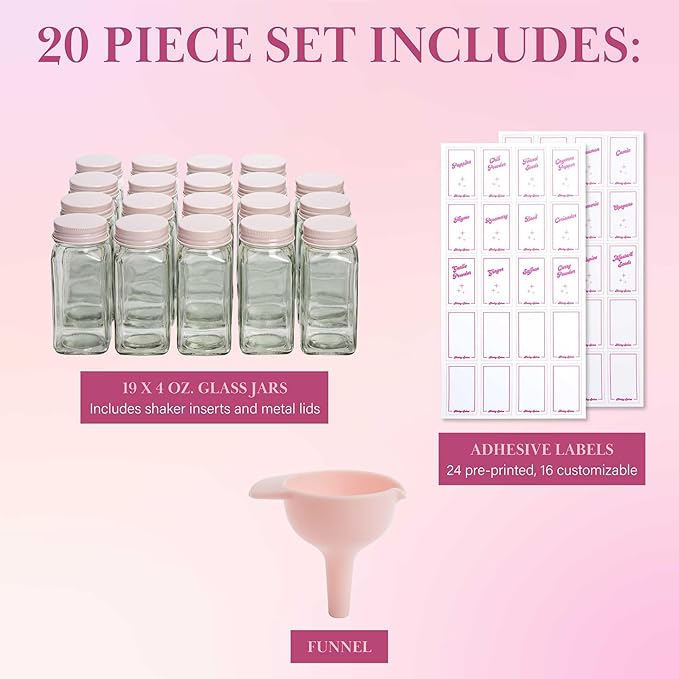 Paris Hilton Glass Spice Jar Storage Set, 4-Ounce Empty Spice Jars with Labels, Shaker Caps and Metal Lids, Collapsible Funnel Included, 20-Piece, Pink - Image 2