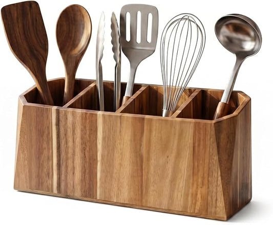 Large Kitchen Utensil Holder for Countertop – Acacia Wood Utensil Organizer with 4 Compartments, Beveled Edges Design, Non-Slip Silicone Pads & Drain Hole – Rustic Farmhouse Utensil Caddy Crock