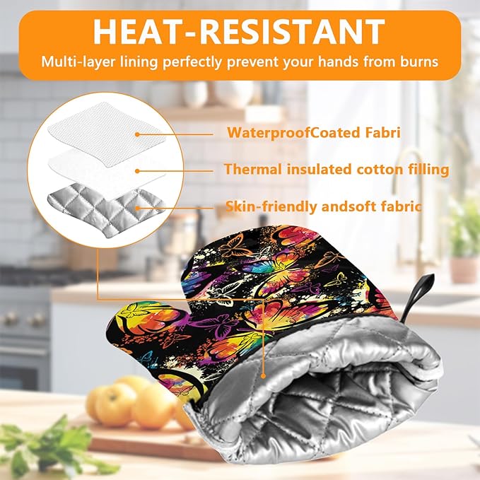 Colorful Butterfly Oven Mitts and Pot Holders Sets 4Pcs,Extra Long Oven Gloves Potholder for Kitchen Cooking Baking BBQ 100% Cotton Heat Resistant - Image 3