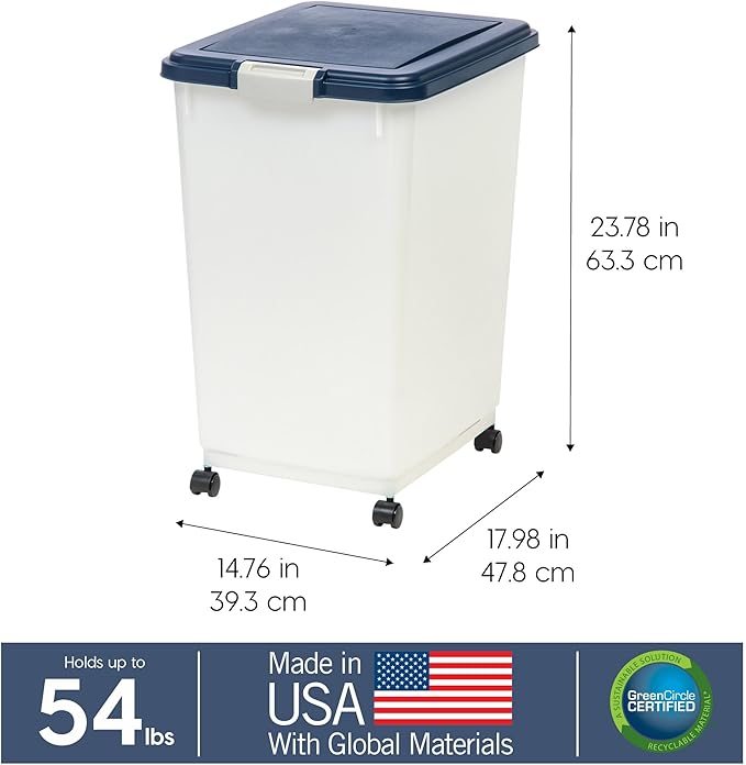 IRIS USA Dog Food Storage Container, Up to 54 Pounds, Attachable Wheels, For Dog Cat Bird and Other Pet Food Storage Bin, Keep Fresh, Easy Mobility - Made in USA, Navy/Pearl - Image 3