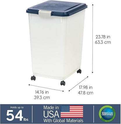 IRIS USA Dog Food Storage Container, Up to 54 Pounds, Attachable Wheels, For Dog Cat Bird and Other Pet Food Storage Bin, Keep Fresh, Easy Mobility - Made in USA, Navy/Pearl - Image 3