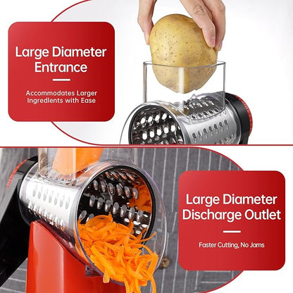 Rotary Cheese Grater with 4 Blades, Hand Crank Cheese Grater with Waffle Slicer, Red, Black and White Cheese Shredder with Suction Base, Easier for Shredding & Grating (Red)