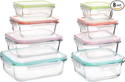 Vtopmart 8 Pack Glass Food Storage Containers with Airtight Lids, Glass Meal Prep Containers, Lunch Containers for Microwave, Oven, Freezer and Dishwasher, BPA Free by Vtopmart