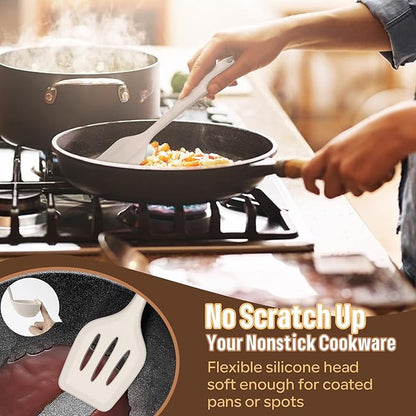 Silicone Kitchen Utensils Set, E-far 23 Pcs Khaki Cooking Utensils Tools with Holder for Nonstick Cookware, Include Spatula/Spoon/Ladle/Tongs/Turner, Heat Resistant & Nontoxic, Dishwasher Safe - Image 7