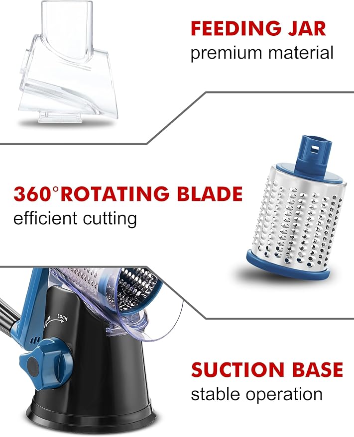Cheese Grater Rotary, Rotary Grater for Kitchen, Kitchen Vegetable Slicer with 3 Drum Blades, Fast Cutting Cheese Shredder for Vegetables and Nuts - Image 6
