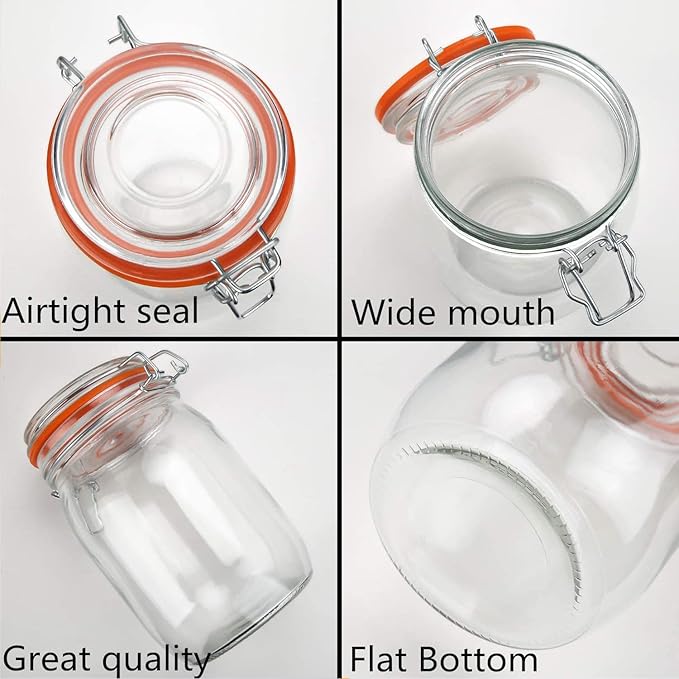 Glass Jars 32oz,Airtight Glass Food Storage Jar with Clamp Lid,1000ml Rounded Airtight Canister with Leak Proof Rubber Gasket,Clear Glass Kitchen Jars for Dry Food,Cereal,Beans,6 Pack - Image 3