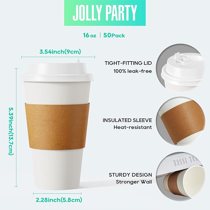 JOLLY PARTY [50 Pack] 16 oz Paper Coffee Cups, Disposable Paper Coffee Cup with Lids, Sleeves, and Stirrers, Hot/Cold Beverage Drinking Cup for Water, Juice or Tea, Suitable for Home, Shops and Cafes - Image 2