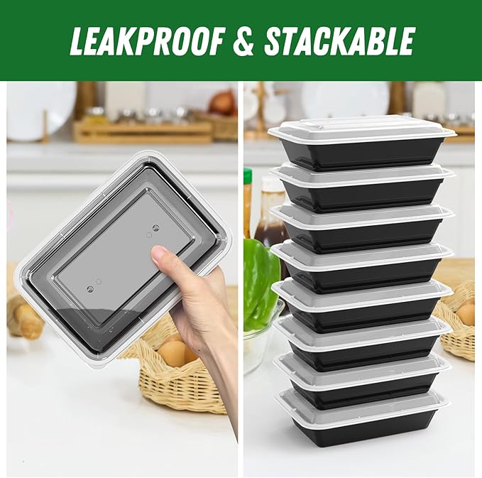 50 Pack (100-Piece) 32 oz Meal Prep Containers Reusable with Easy Open Lids, Sturdy Leakproof Food Safe, Microwave Freezer Dishwasher Safe, To Go Take Out Plastic Food Storage Pans with Lids, Black - Image 4