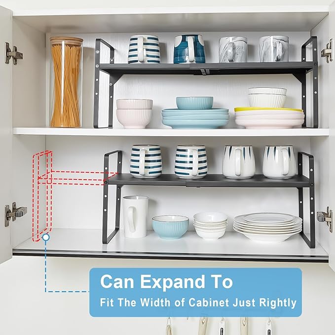 Set of 2 Expandable Cabinet Shelf Organizer, Stackable Kitchen Countertop Shelves Spice Racks, Small Metal Storage Shelf For Cupboard Counter Tabletop, 30 LBS Heavy Duty, Adjustable, 13.8" to 21.6" - Image 4