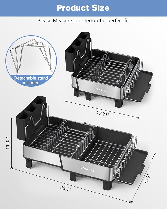 Dish Drying Rack, 304 Stainless Steel Exendable Dish Rack with Adjustable Drain Spout, Large Capacity Dish Drainer with Utensil Holder, Cup Holder and Cutting Board Rack for Kitchen Counter, Black - Image 7