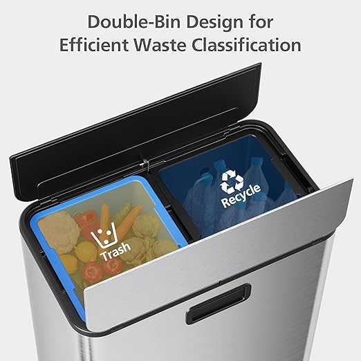 Garvee Kitchen Dual Trash Can, 15 gal Large Recycling Bin Garbage Can with Butterfly Lid, Fingerprint Resistant Stainless Steel Trash Bin for Kitchen, Living Room, Office (2 x 28 L) - Image 5