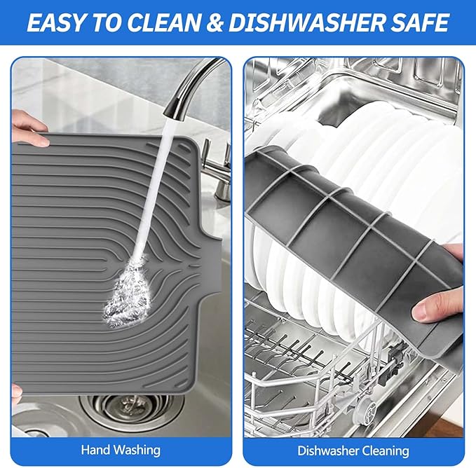 Dish Drying Mat for Kitchen Counter, with Built-in Drain Lip, 18x11.8 inch, Food-Grade Silicone, Easy Clean Pad for Countertop Protection, Heat Resistant, Easy Clean, Multi-Functional Use (Grey) - Image 4