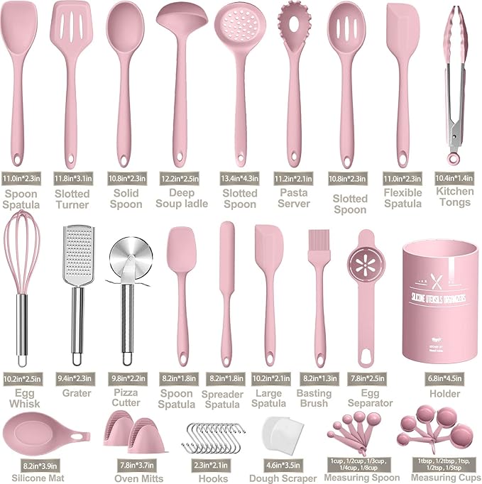 Silicone Cooking Kitchen Utensil Set, AIKKIL 43 Pcs Pink Cooking Utensils Set, Turner, Tongs, Spoon, Spatula, Kitchen Gadgets Tools Set For Nonstick Cookware, Heat Resistant (Dishwasher, BPA Free) - Image 2