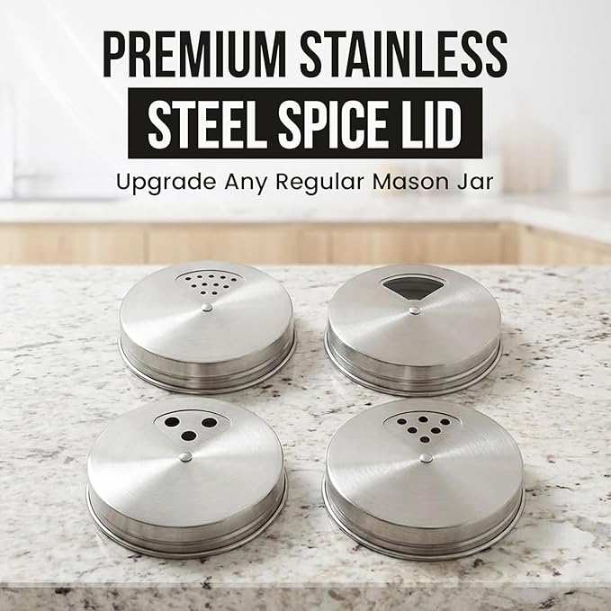 Mason Jar Spice Shaker Lids Stainless Steel – 6 Pack Adjustable Spice Lids for Mason Jars Wide Mouth – Seasoning Salt Pepper Dispenser Tops for Ball Canning Jars
