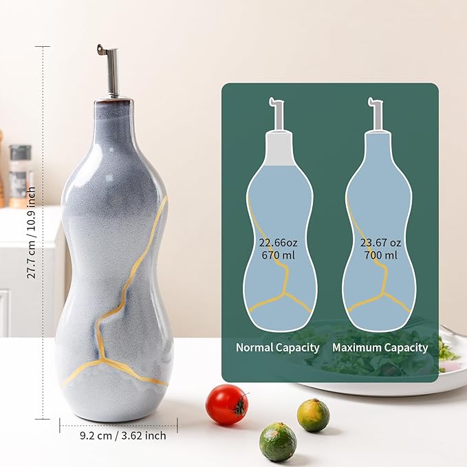 BosilunLife Ceramic Olive Oil Dispenser Bottle, 14 Oz Oil Cruet with Elegant Gold Accent & Curved Ergonomic Design, Non‑Drip Vinegar Bottle for Kitchen & Dining, Light Blue