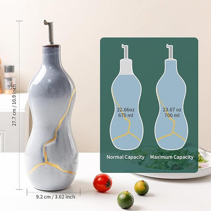 BosilunLife Ceramic Olive Oil Dispenser Bottle, 14 Oz Oil Cruet with Elegant Gold Accent & Curved Ergonomic Design, Non‑Drip Vinegar Bottle for Kitchen & Dining, Light Blue
