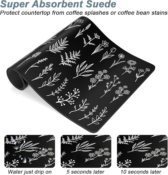 Rnivvi Coffee Mat, 12" x 19" Cute Coffee Bar Mats for Espresso Machine Station Accessories and Organizer, Hide Stain Rubber Backed Absorbent Dish Drying Pad for Kitchen Counter, Black White Leaves - Image 3