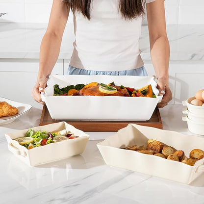 Sweejar Casserole Dishes for Oven, Ceramic 9x13 Baking Dish, Wave Edge Bakeware with Handles, Large Rectangular Lasagna Pan Deep for Roasting, Baking, Cooking, Banquet and Daily Use (White) - Image 4
