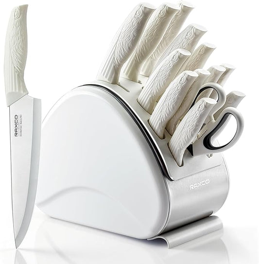 RAXCO Knife Set with Block,12-Piece Stainless Steel Kitchen Knives for Professional Cutting,White