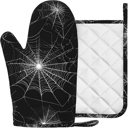 Spider Web Oven Mitts and Pot Holders Sets Silicone Kitchen Mitts Potholders Heat Resistant Oven Gloves Hot Pads for Kitchen Baking Cooking