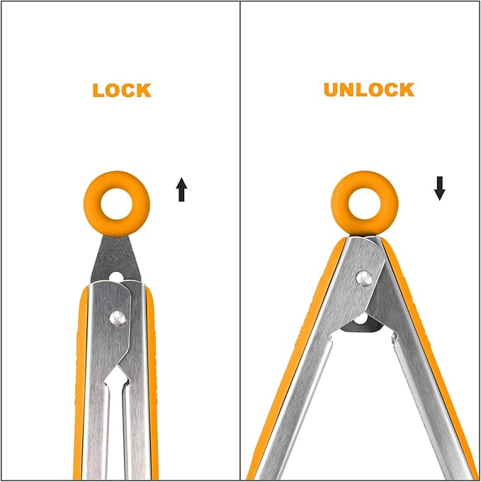 Premium 304 Stainless Steel Tongs Set – 12" Grill Tongs & 9" Cooking Tongs, Heat Resistant up to 600°F, Wavy Grip Head, Non‑Slip Handle with Locking Clip & Hanging Loop, Dishwasher Safe, Orange - Image 4