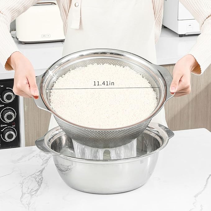 304 Stainless Steel Microporous Colander with Handle, Rice Washers Microporous Strainer Set For washing vegetables, fruits and rice, and draining cooked pasta. - Image 2