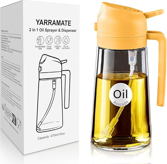 YARRAMATE 16oz/470ml Glass Olive Oil Sprayer for Cooking with Stickers, 2 in 1 Oil Dispenser for Kitchen Gadgets, Food Grade Premium Spray Bottle with Portion Control for Salad, Frying, BBQ (Orange) by YARRAMATE