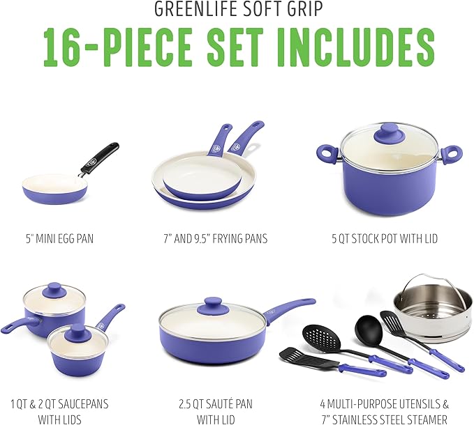 GreenLife 16 Piece Nonstick Cookware Set, Soft Grip Non-Toxic PFAS-Free Ceramic Pots & Pans, Dishwasher & Oven Safe, Frying, Sauce, Utensils, Glass Lids, Stay-Cool Handles, Wobble Free, Periwinkle - Image 3