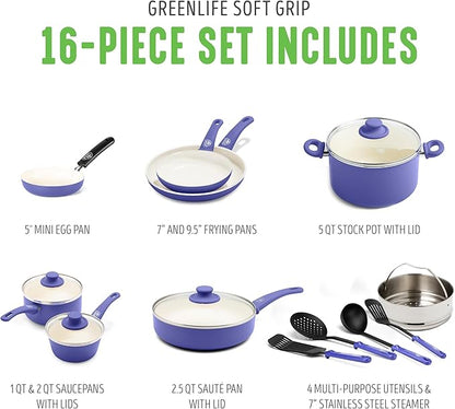 GreenLife 16 Piece Nonstick Cookware Set, Soft Grip Non-Toxic PFAS-Free Ceramic Pots & Pans, Dishwasher & Oven Safe, Frying, Sauce, Utensils, Glass Lids, Stay-Cool Handles, Wobble Free, Periwinkle - Image 3