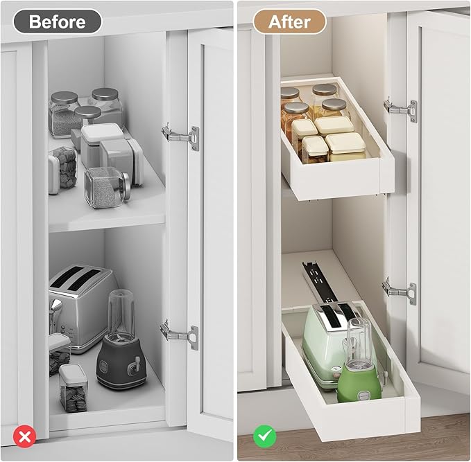 Pull out Cabinet Organizer,Expandable Width(7"-11"),Depth(17"-24"),Roll out Drawers,No Drill Adjustable Slide out Shelves for Kitchen,Pantry,for Both Lip and Lip-Free Cabinets,White(1PC) - Image 6