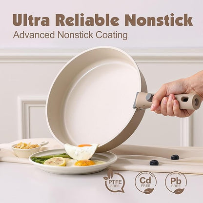 SENSARTE 17 Piece Ceramic Pots and Pans Set, Nonstick Detachable Handle Cookware, Induction Kitchen Cookware Set with Removable Handle, Dishwasher ＆ Oven Safe (Almond Beige) - Image 4
