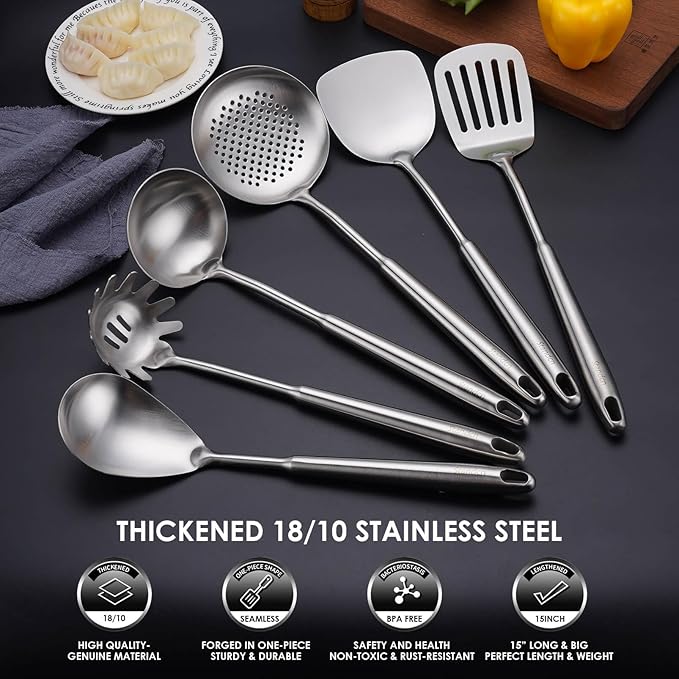 18/10 Stainless Steel Kitchen Utensils Set, 6 PCS All Metal Professional Cooking Utensils, 15" Long Kitchen Tools - Spatula, Ladle, Skimmer Spoon, Pasta Serve, Large Spoon, Slotted Spatula Tunner - Image 4