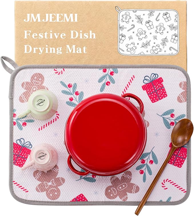 Festive Dish Drying Mat 2 Pack by JM.JEEMI, Versatile Dish Mat Drying Kitchen Mat for Counters, Kitchen Drying Mat - Microfiber, 11.8 by 15.7 Inch by JMJEEMI