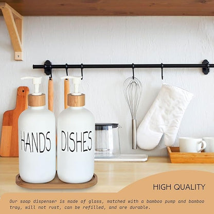 Glass Soap Dispenser Set - Hand Soap and Dish Soap Dispenser with Bamboo Tray. Vintage Soap Dispenser with Pump for KitchenKitchen Drain Outlet and Bathroom. Stylish Permanent Labels (Matte White) - Image 4