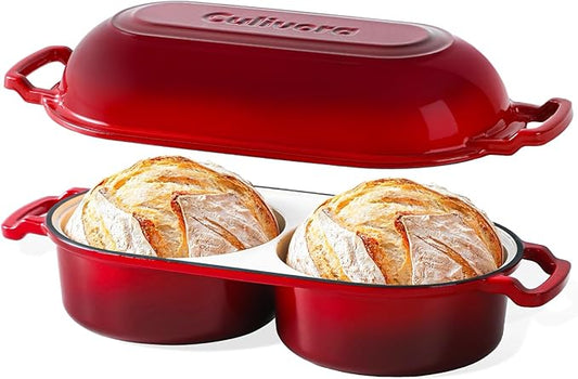 Cast Iron Bread Pan with Lid, Mini Enamel Sourdough Baking Dutch Oven Pot, Double Round Loaf Space for Homemade, Bread, Cake, Meatloaf, 16.5cm Diameter, 500°F Oven Safe, Non Stick, Red
