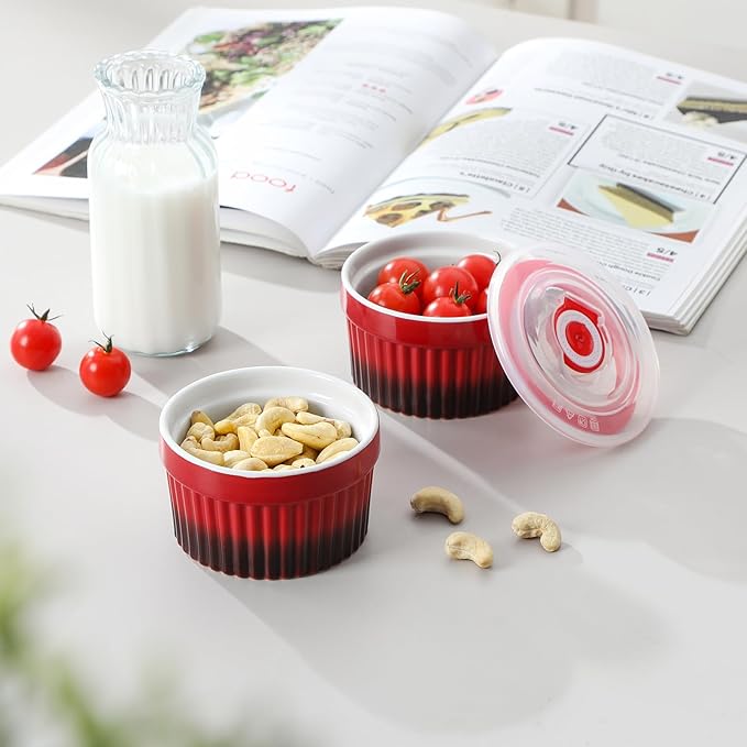 vancasso 6 oz Ramekins with Lid, Porcelain Creme Brulee Souffle Dishes, Red Pudding Custard Cups Ramiken for Baking, Dishwasher and Oven Safe, Set of 6 - Image 7