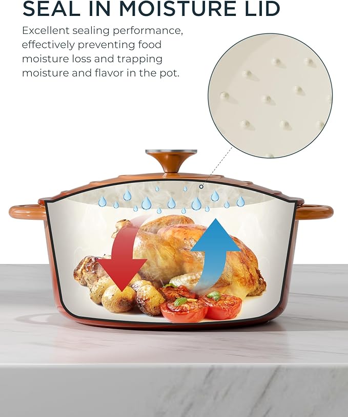 Enameled Cast Iron Dutch Oven - 6QT Dutch Oven Pot with Lid & Cotton Potholders - Heavy-Duty Non Stick Casserole Pot for Braising, Stews, Roasting, Baking, Suitable for All Stovetops, Vibrant Orange - Image 3